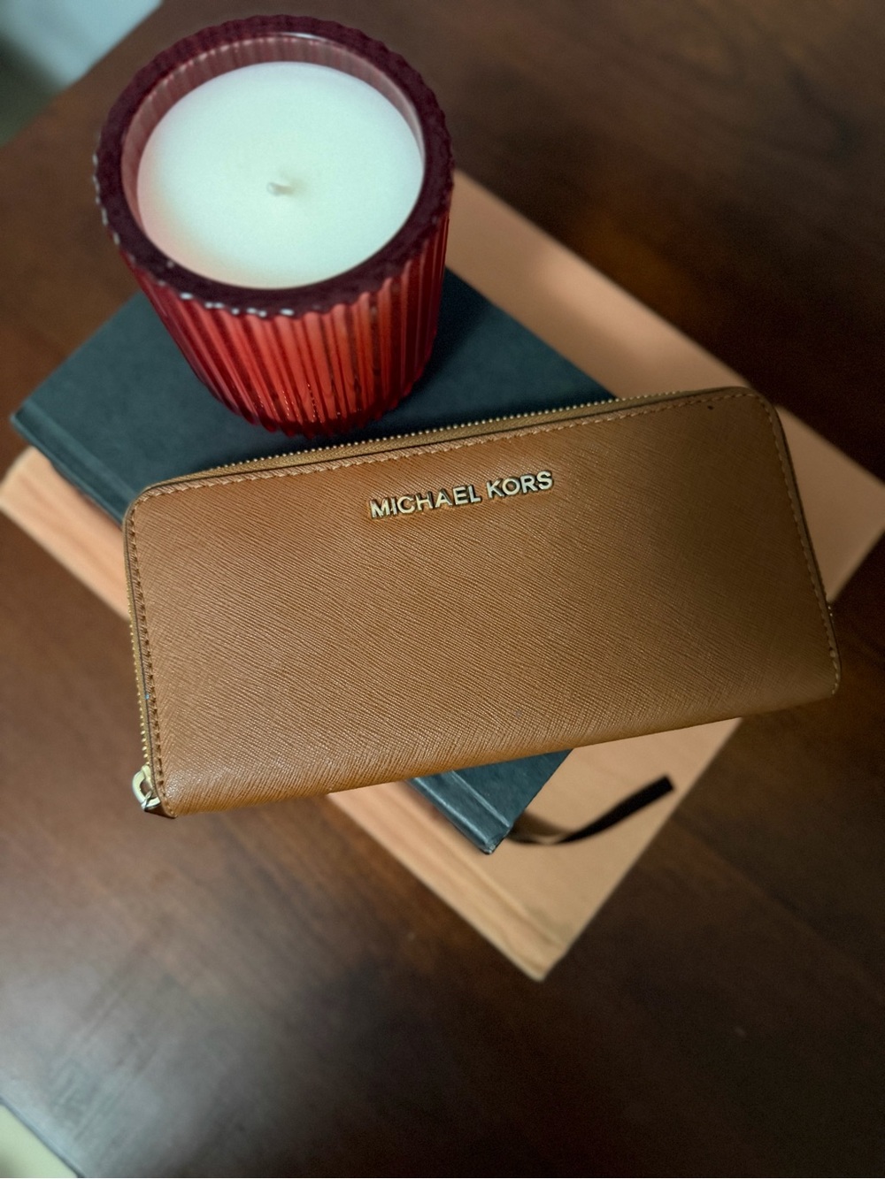 Michael Kors Brown Saffiano Zip Wallet with Gold Hardware